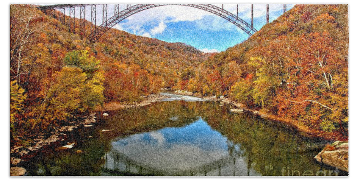 New River Gorge Beach Towel featuring the photograph Flaming Fall Foliage At New River Gorge by Adam Jewell