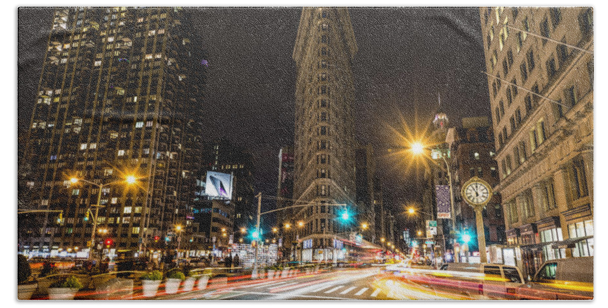 Usa Beach Towel featuring the photograph Flatiron Building at Night by David Morefield