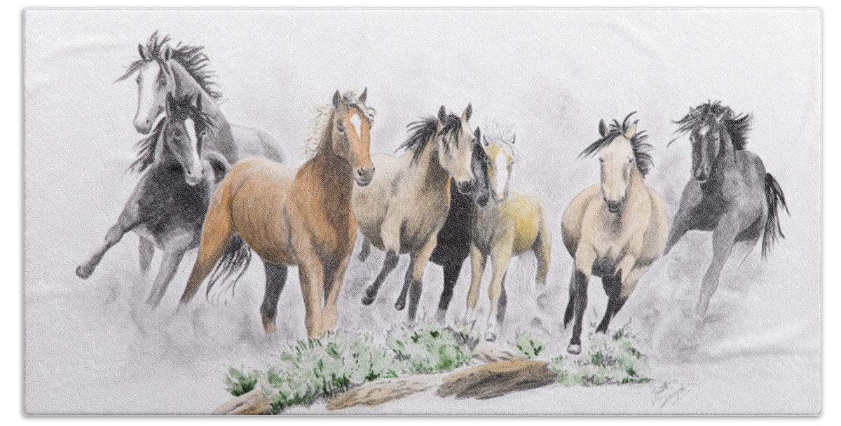 Mustangs Beach Towel featuring the painting Flight For Freedom by Joette Snyder