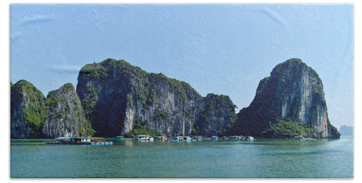 Floating Village Beach Towel featuring the photograph Floating Village Ha Long Bay by Scott Carruthers