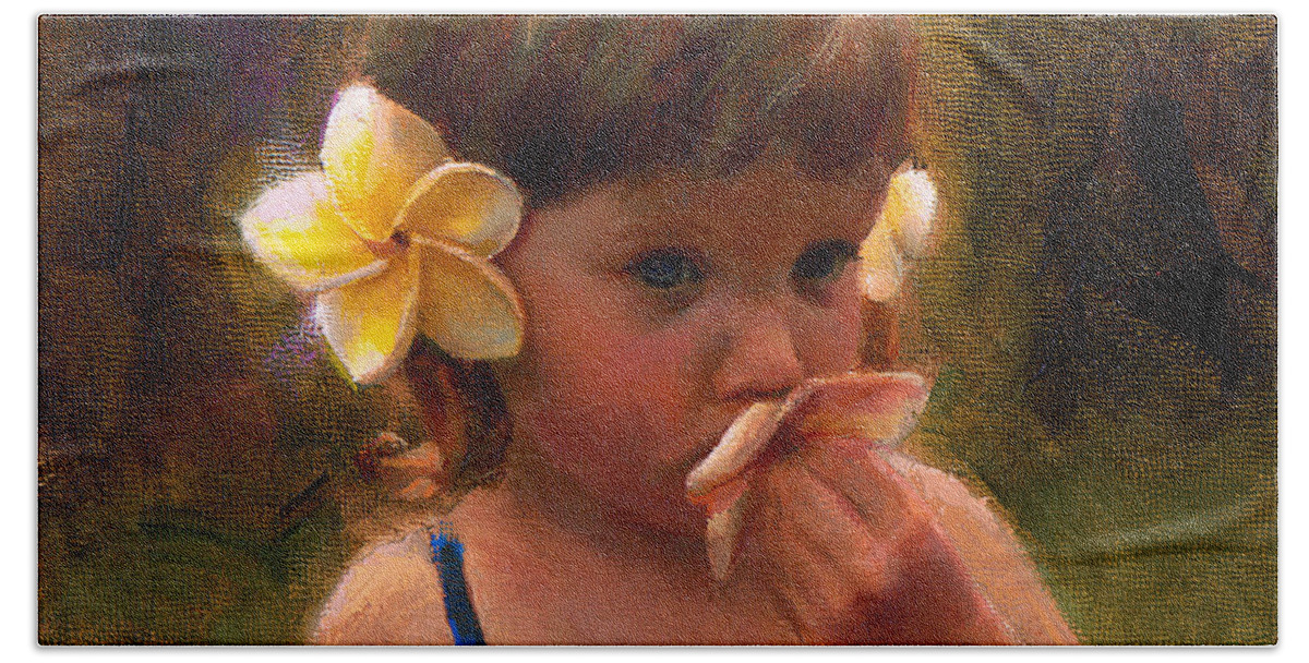 Plumeria Beach Sheet featuring the painting Flower Girl - Tropical Portrait with Plumeria Flowers by K Whitworth
