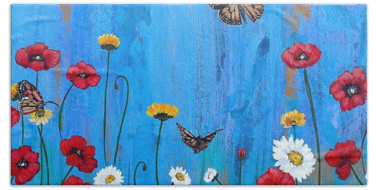 Rubbing Alcohol Was Used In Creating The Background For This Piece. Beach Towel featuring the painting Flowers and Butterflies by Melissa Torres