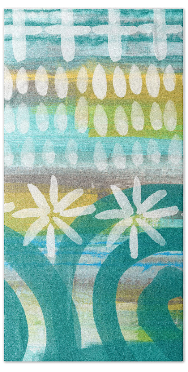 Blue And Yellow Painting Beach Towel featuring the painting Flowers and Waves- abstract pattern painting by Linda Woods