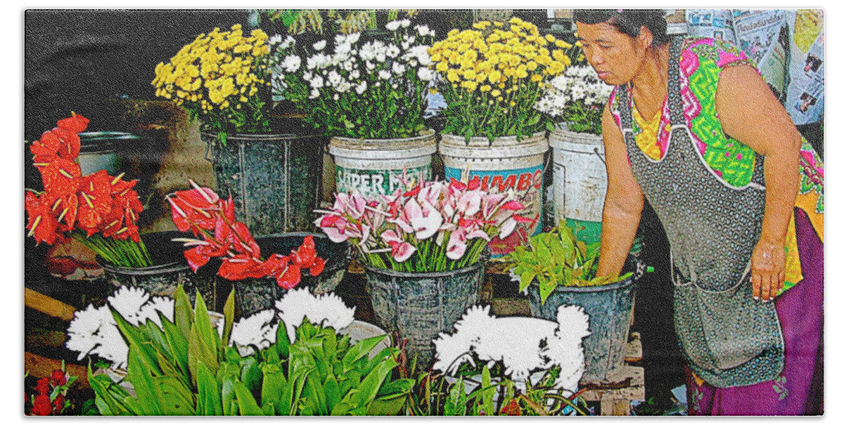 Flowers For Sale In Marketplace In Tachilek Beach Towel featuring the photograph Flowers for Sale in Marketplace in Tachilek-Burma by Ruth Hager
