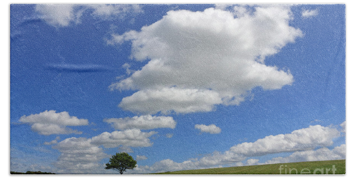 Fluffy Cumulus Clouds In A Blue Sky Epsom Downs Surrey England Uk Lone Tree British English Landscape Countryside Dramatic Scene Scenic Beach Sheet featuring the photograph Fluffy clouds over Epsom Downs Surrey by Julia Gavin