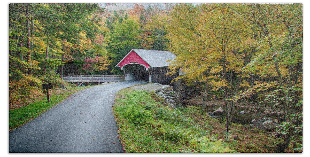 Autumn Foliage New England Beach Towel featuring the photograph Flume Gorge covered bridge by Jeff Folger