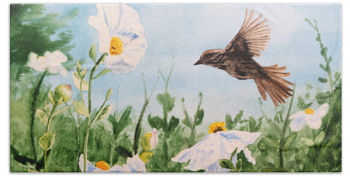 Summer Beach Sheet featuring the painting Flying Bird by Masha Batkova