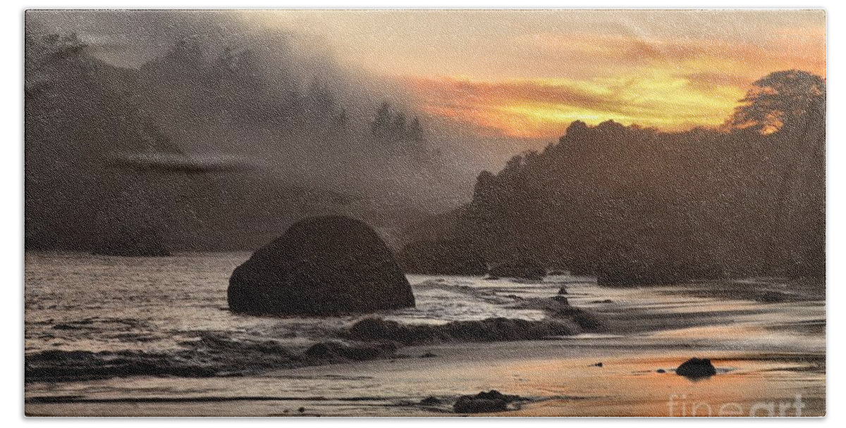 Trinidad State Beach Beach Towel featuring the photograph Fog And Fire by Adam Jewell