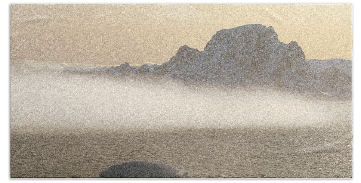 Feb0514 Beach Towel featuring the photograph Fog Bank And Icy Mountains Gerlache by Tui De Roy
