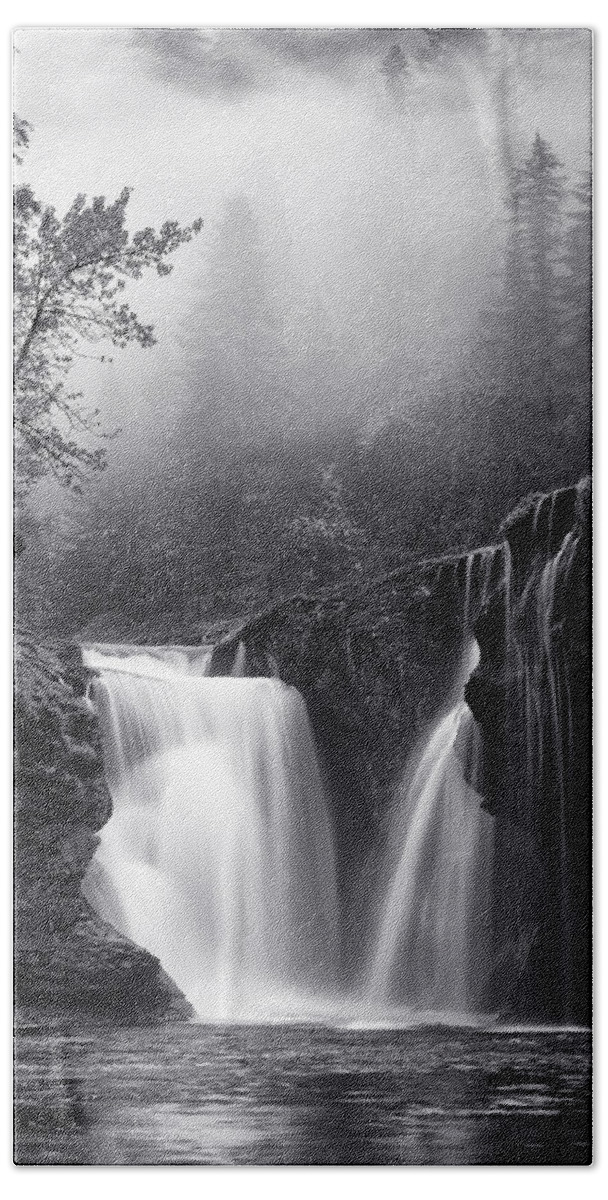 Monochrome Beach Towel featuring the photograph Foggy Falls by Darren White