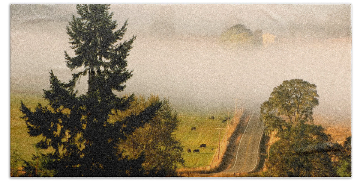 Tree Beach Towel featuring the photograph Foggy Morning Drive by KATIE Vigil