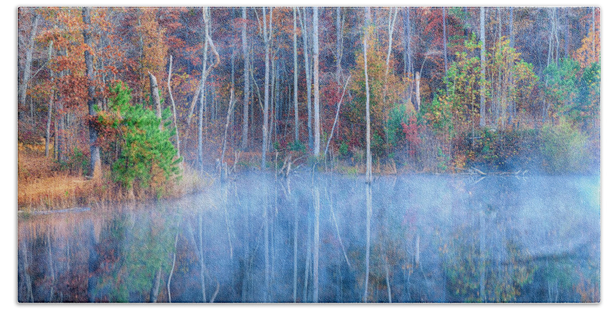 Lake Reflections Beach Towel featuring the photograph Foggy Morning Reflections by Greg Norrell