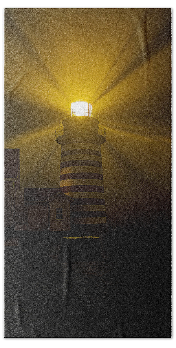 West Quoddy Head Lighthouse Photos Beach Towel featuring the photograph Foggy Night at West Quoddy Light by Marty Saccone