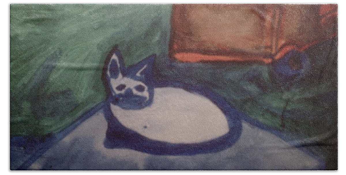 Art Beach Towel featuring the painting Folk Art Cat by Shea Holliman