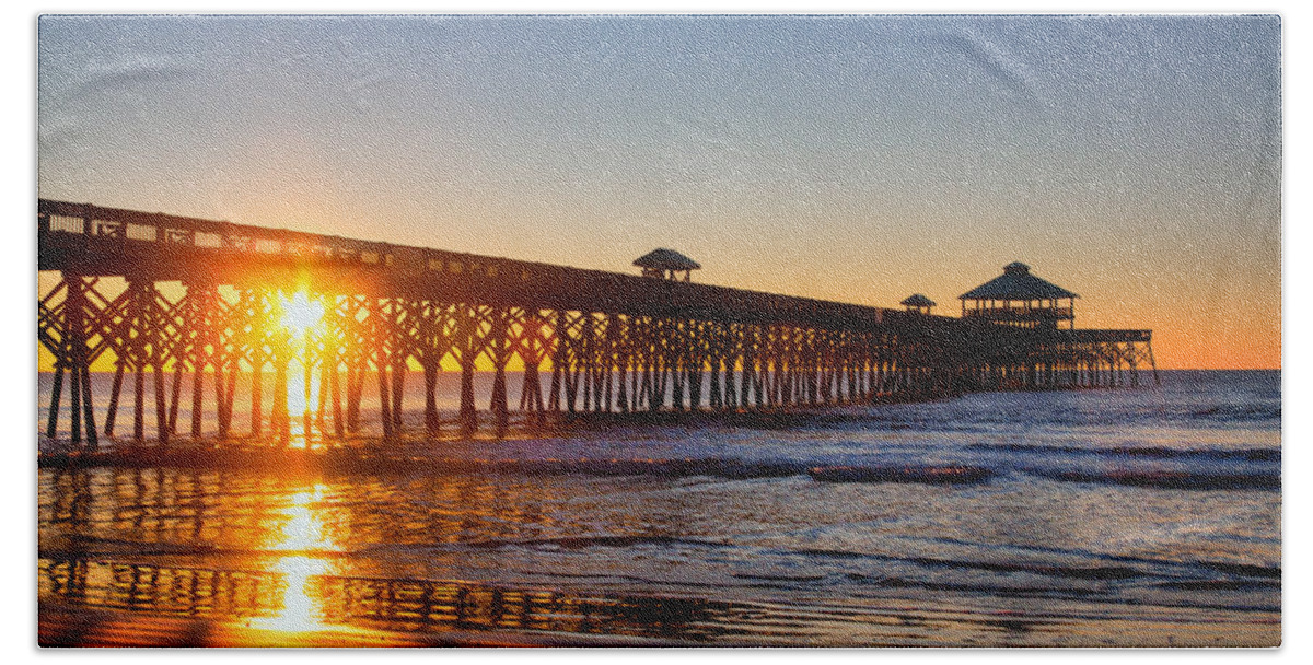 Ocean Beach Towel featuring the photograph Folly Beach Pier at Sunrise by Lynne Jenkins
