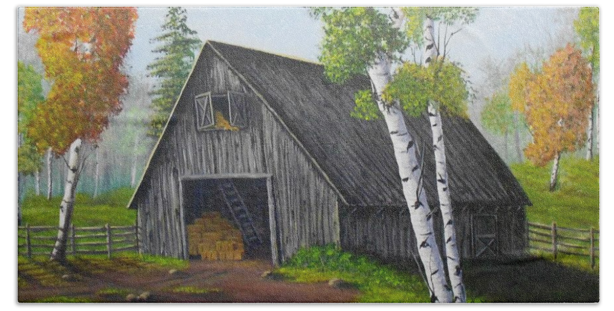 Barn Beach Towel featuring the painting Forest Barn by Sheri Keith