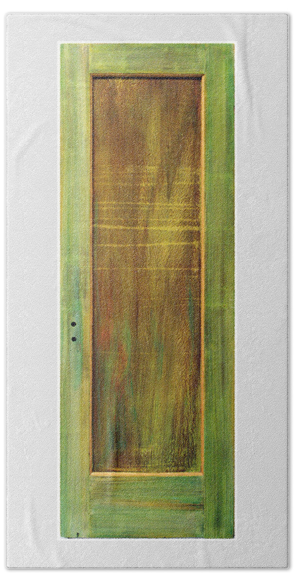 Painted Door; Photograph Of Painted Door; Texture Painting; Found Object Painting; Mixed Media With Gold Paint On Old Wooden Door; Forest; Recycled Art; Symbolic Art; Spiritual Paintings; Spiritual Entrances Beach Towel featuring the sculpture Forest Painted Door by Asha Carolyn Young