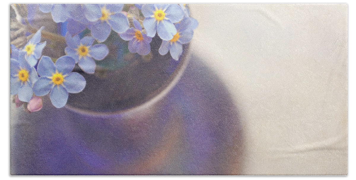 Flowers Beach Towel featuring the photograph Forget me nots in blue vase by Lyn Randle