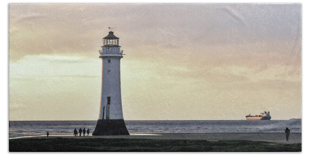 Lighthouse Beach Towel featuring the photograph Fort Perch Lighthouse and ship by Spikey Mouse Photography