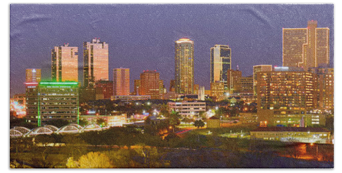 Fort Worth Skyline Beach Towel featuring the photograph Fort Worth Skyline at Night Color Evening Panorama Ft. Worth Texas by Jon Holiday