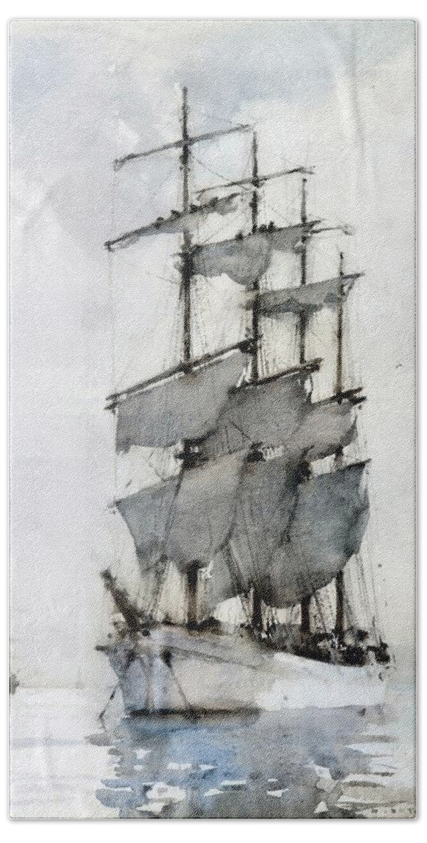 Henry Scott Tuke. Four Masted Barque Beach Towel featuring the painting Four Masted Barque by Henry Scott Tuke