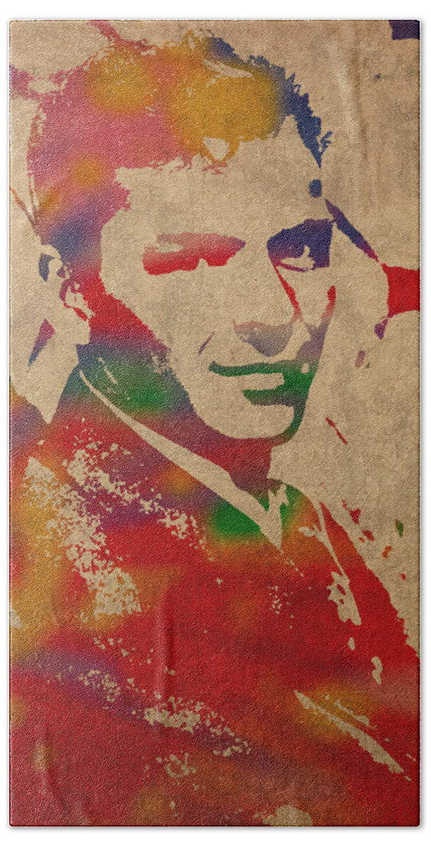 Frank Beach Towel featuring the mixed media Frank Sinatra Watercolor Portrait on Worn Distressed Canvas by Design Turnpike