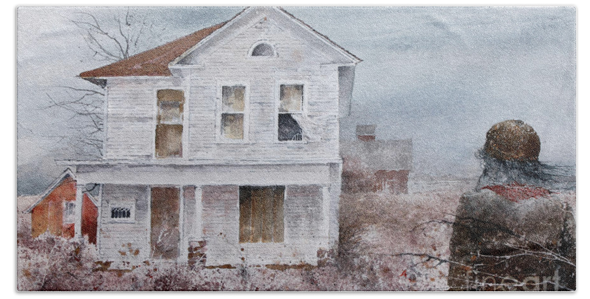 A Curtain Blows In The Winter Wind As A Former Resident Of The Empty Farm House Looks On. Beach Sheet featuring the painting Frayed by Monte Toon