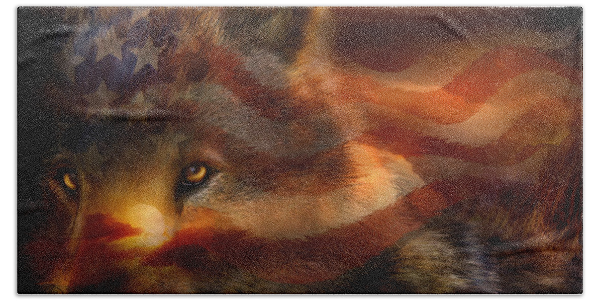 Carol Cavalaris Beach Towel featuring the mixed media Freedom Wolf by Carol Cavalaris