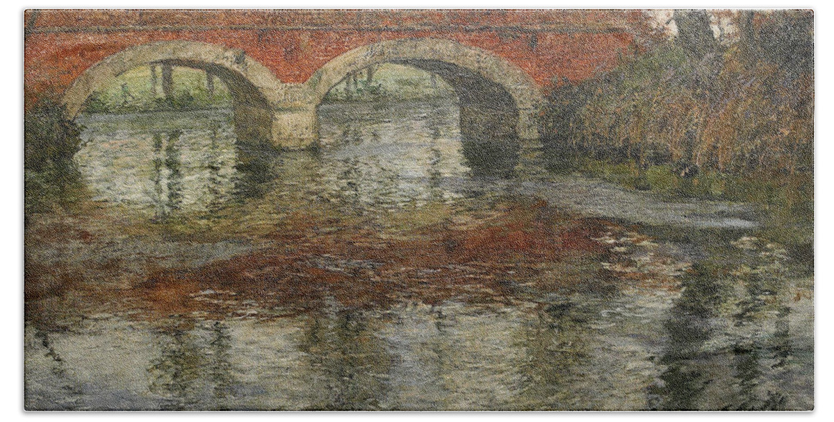 Frits Thaulow Beach Towel featuring the painting French river landscape with a stone bridge by Frits Thaulow