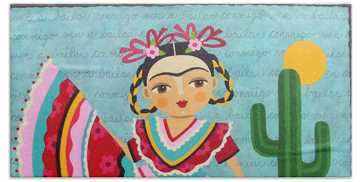 Frida Beach Towel featuring the painting Frida Kahlo in Traditional Dress by Andree Chevrier