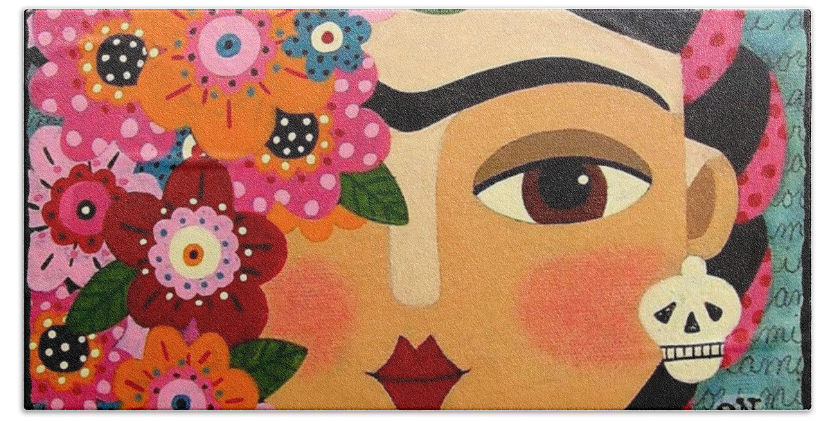 Frida Beach Towel featuring the painting Frida Kahlo with Flowers and Skull by Andree Chevrier