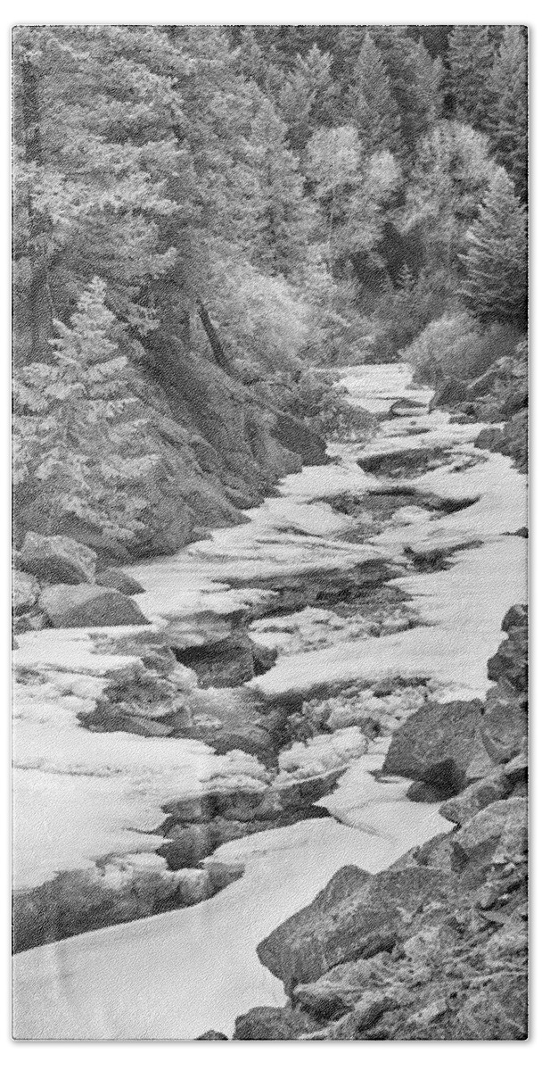 Winter Beach Towel featuring the photograph Frozen Boulder Creek Boulder Canyon Colorado BW by James BO Insogna