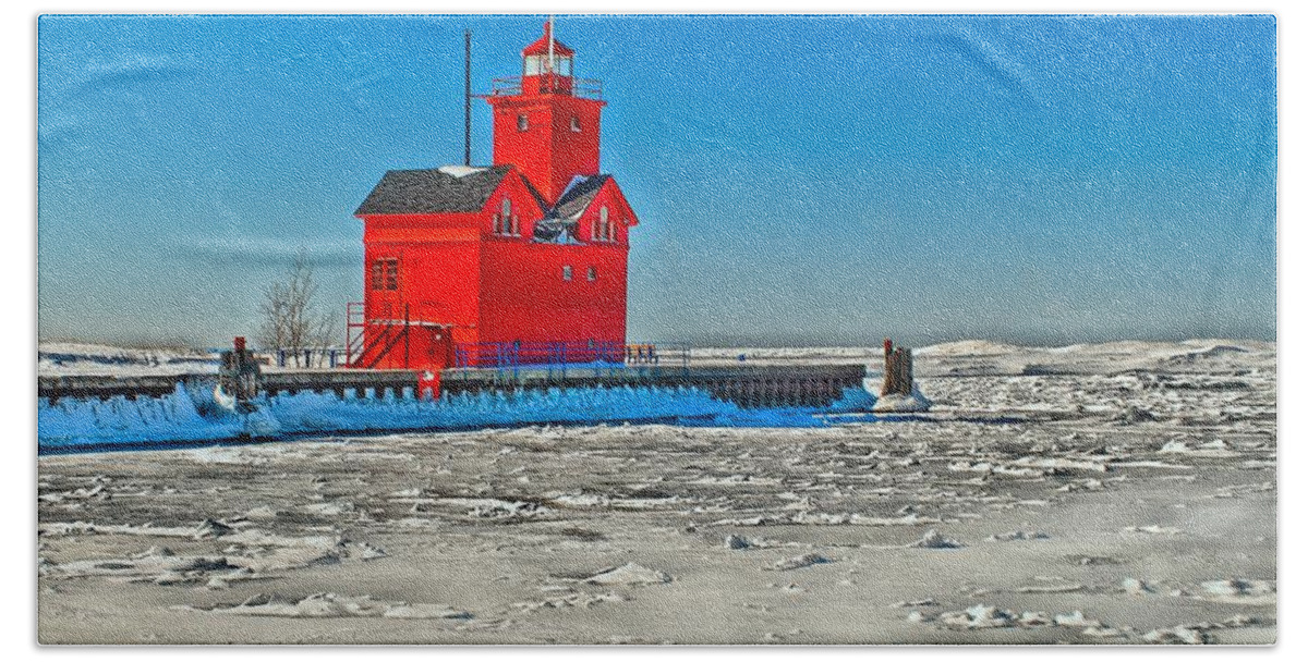 Lighthouse Beach Towel featuring the photograph Frozen Lake at Holland Light by Nick Zelinsky Jr