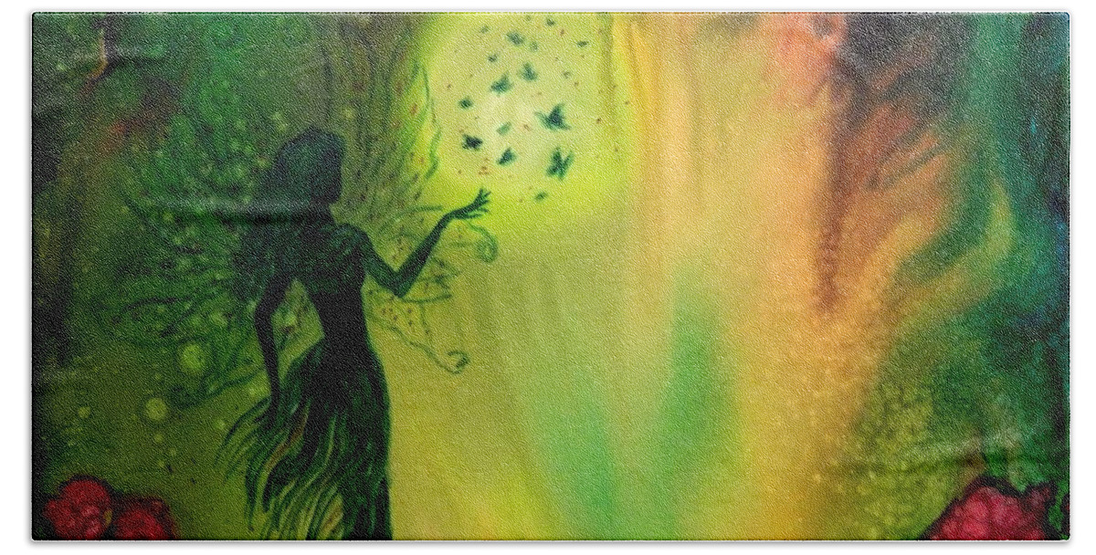 Full Moon Beach Towel featuring the painting Full moon Fairy and Butterflies by Lilia S
