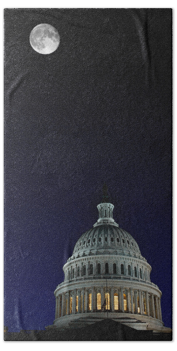 Lawrence Beach Towel featuring the photograph Full Moon Over US Capitol by Lawrence Boothby