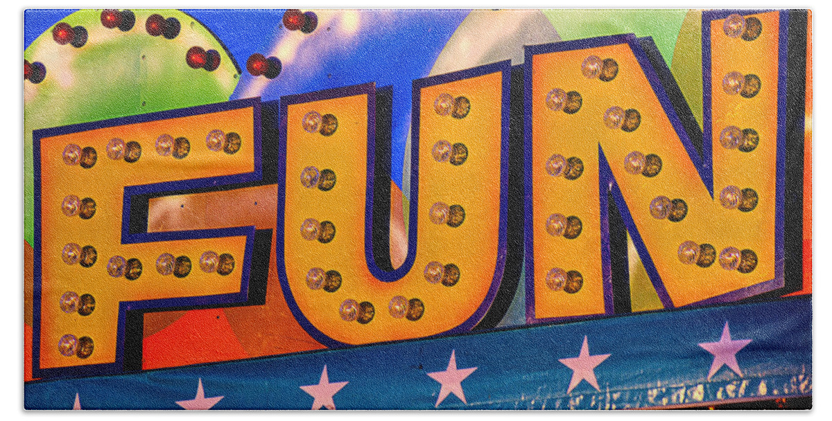 Fun Beach Towel featuring the photograph Fun Fair Sign by Garry Gay