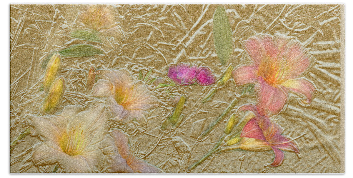 Garden Beach Towel featuring the mixed media Garden in gold leaf by Steve Karol