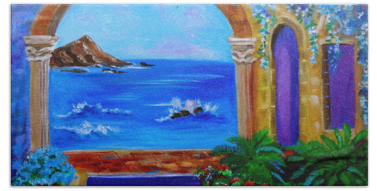 Garden By The Sea Beach Sheet featuring the painting Garden Secrets by Jenny Lee