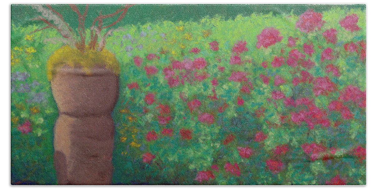 Garden Beach Towel featuring the pastel Garden Welcoming by Anne Katzeff