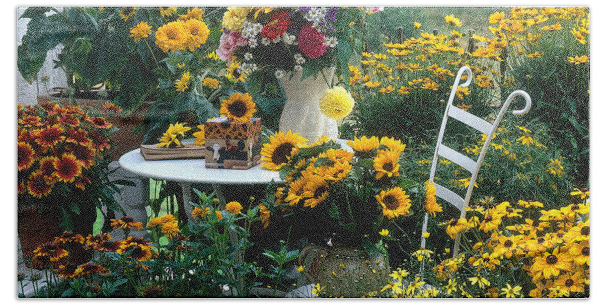Plant Beach Towel featuring the photograph Garden With Table And Chair by Hans Reinhard