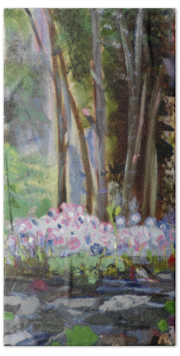 Wood Trail Flower Garden Rock Forest Path Walkway Beach Towel featuring the painting Gateway At The Balsams by Michael Daniels