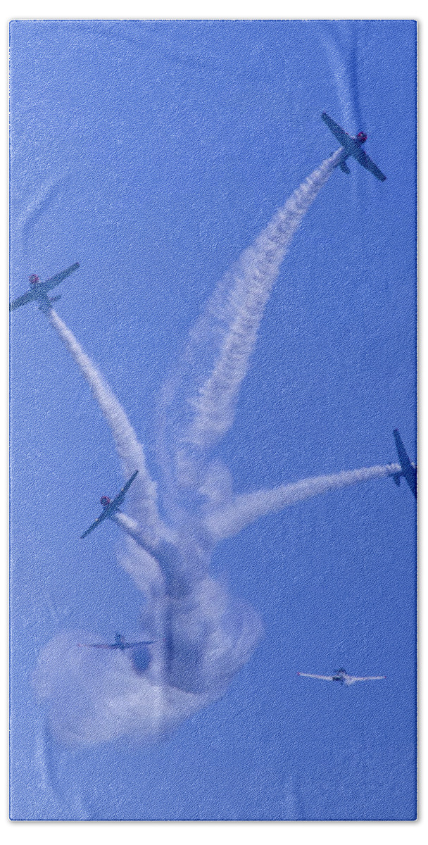 Oc Air Show Beach Towel featuring the photograph Geico Skytypers Tree of Smoke by Donna Corless