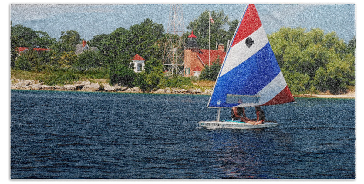 Little Traverse Lighthouse Beach Towel featuring the photograph GENTLE SAILS and LITTLE TRAVERSE LIGHTHOUSE by Janice Adomeit
