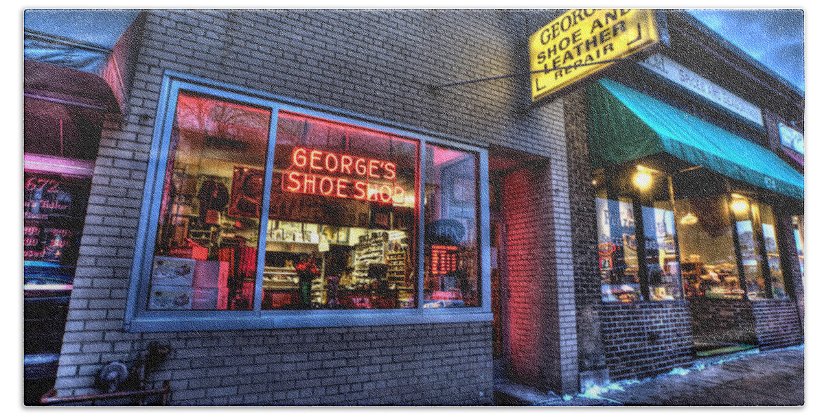 George's Shoe And Leather Repair Beach Towel featuring the photograph Georges Shoe and Leather Repair by Amanda Stadther