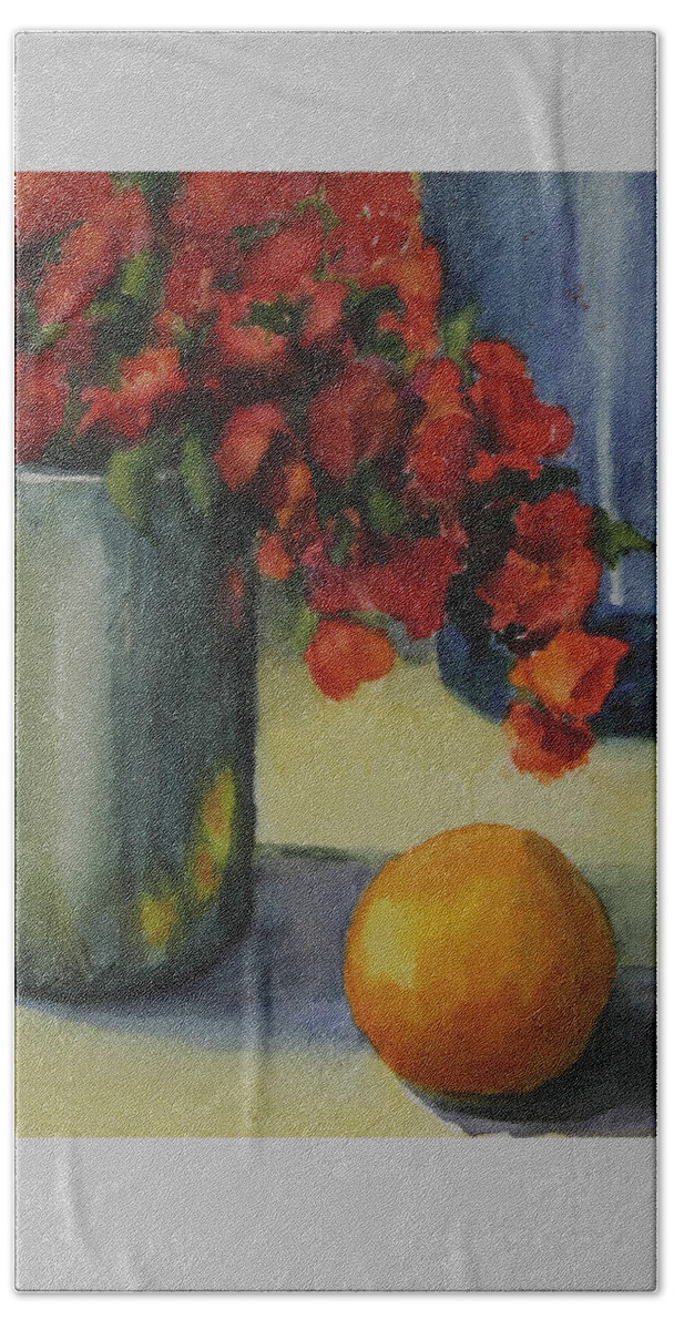 Pewter Vase Beach Towel featuring the photograph Geraniums with Pear and Oranges by Maria Hunt