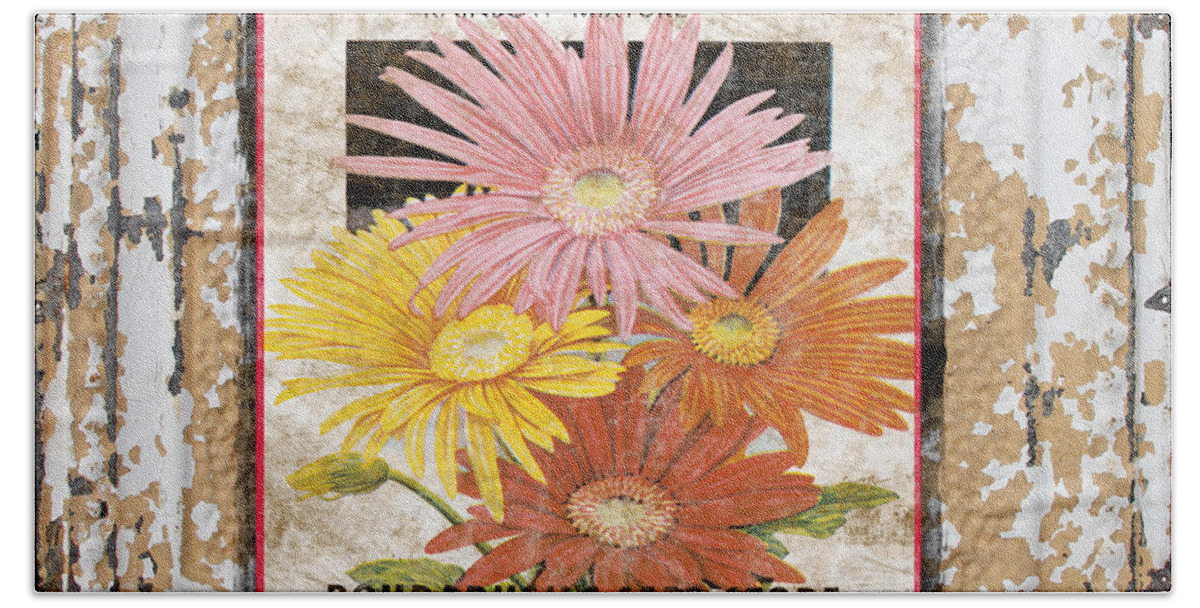 Tin Tile Beach Towel featuring the digital art Gerbera on Vintage Tin by Jean Plout