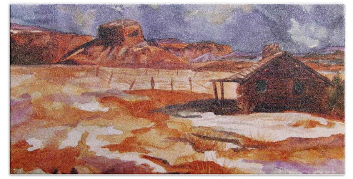 Ghost Ranc Beach Towel featuring the painting Ghost Ranch NM Winter by Ellen Levinson