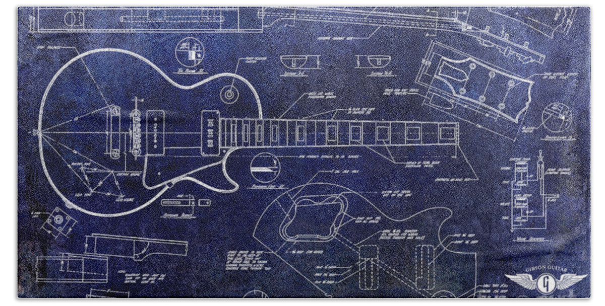 Les Paul Blueprint Beach Towel featuring the drawing Gibson Les Paul Blueprint by Jon Neidert