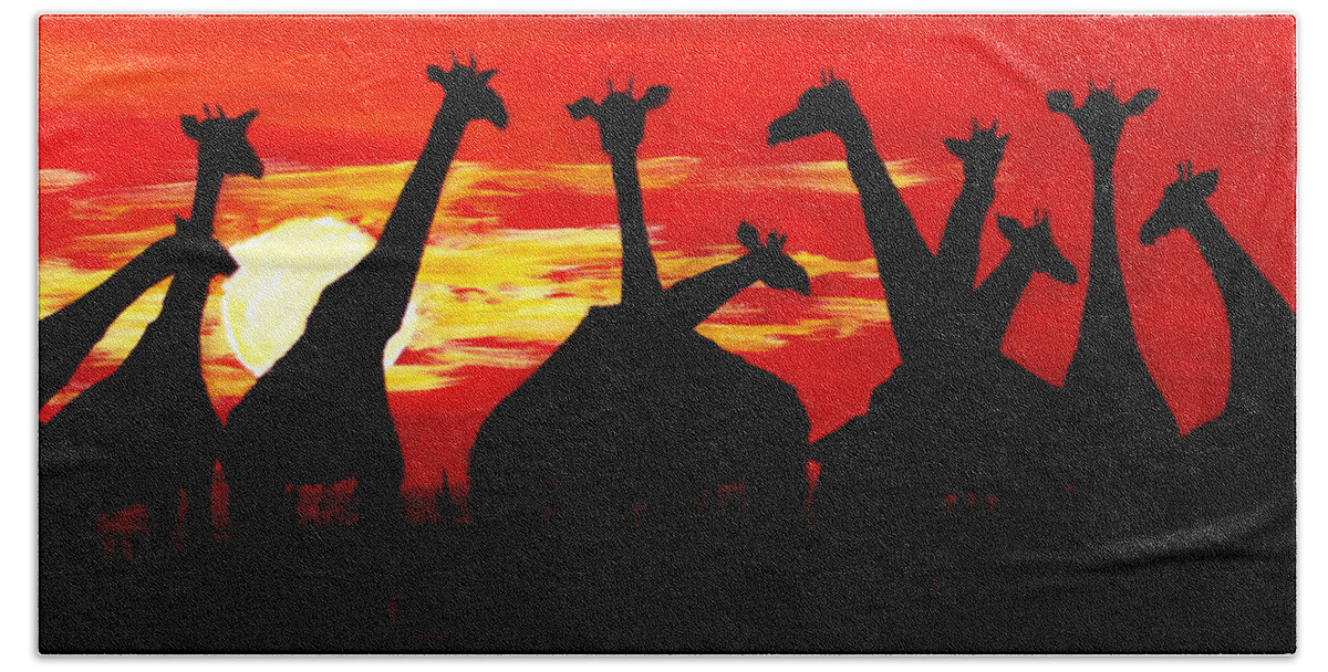 Giraffe Beach Sheet featuring the painting Giraffes Sunset Africa Serengeti by Katy Hawk