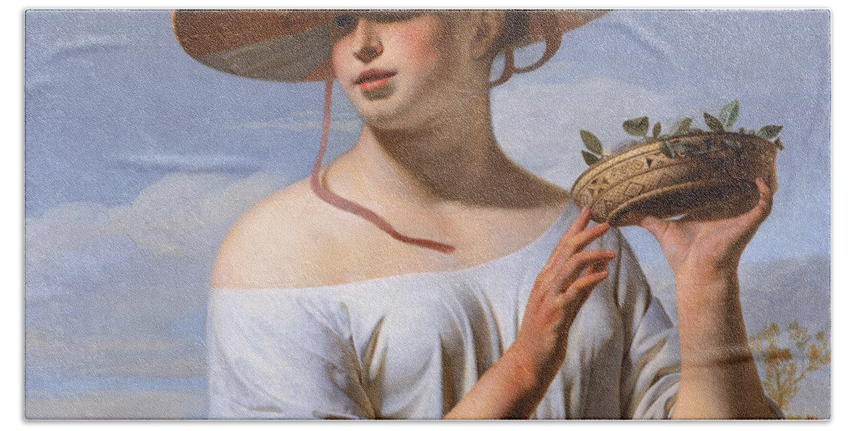 Caesar Van Everdingen Beach Towel featuring the painting Girl in a Large Hat by Caesar van Everdingen